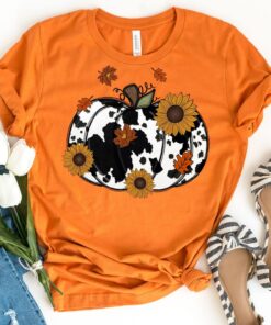 Cow Print Fall Pumpkin Shirt Thanksgiving Shirt Sunflower Autumn Season Tee Cow Print Fall Pumpkin Shirt Thanksgiving Shirt Sunflower Autumn Season Tee