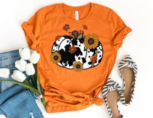 Cow Print Fall Pumpkin Shirt Thanksgiving Shirt Sunflower Autumn Season Tee