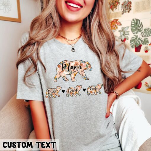 Custom Mama Baby Bear Shirt with Kids Name Mother’s Day Gift Floral Print Personalized Mom Tee