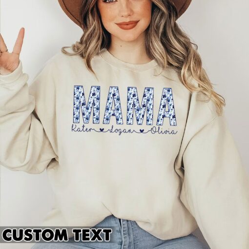 Custom Mama with Kids Names Blue Floral Print Gift for Mom Mothers Day Shirt