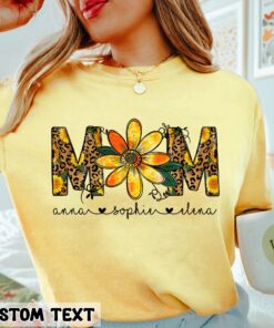 Custom Mom Shirt With Kids Names Sunflower Leopard Print Personalized Mom Tee for Mother’s Day Gift Custom Mom Shirt With Kids Names Sunflower Leopard Print Personalized Mom Tee for Mother’s Day Gift