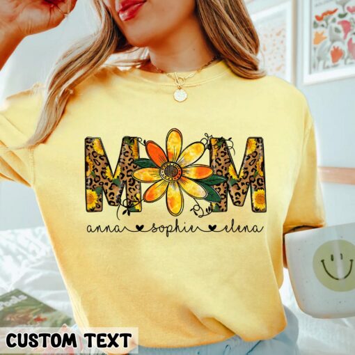 Custom Mom Shirt With Kids Names Sunflower Leopard Print Personalized Mom Tee for Mother’s Day Gift