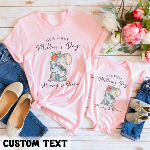 Customized Name Mommy and Me Outfits Our First Mother’s Day Shirt Custom Elephant Mommy And Baby Tee