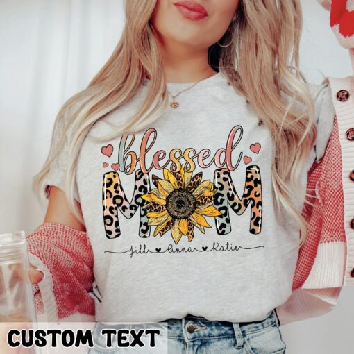 Leopard Print Personalized Mom Shirt Mother’s Day Gift Custom Blessed Mom Sunflower With Kids Names