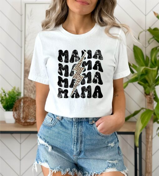 Mama Lightning Bolt Leopard Distressed Print Tee Mother’s Day Gift for Birthday 90’s Vibe