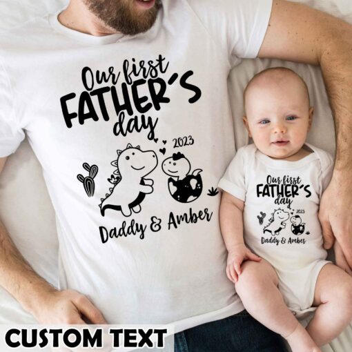 Our First Father’s Day Shirts Custom Dad and Baby Matching Dinosaur Tee Baby Onesie New Daddy Gift