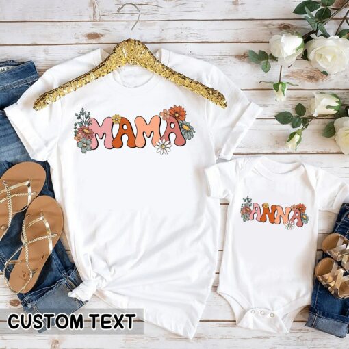 Personalize Floral Mama and Me Outfits Mother’s Day Gift Matching Shirt Customized Kids Name