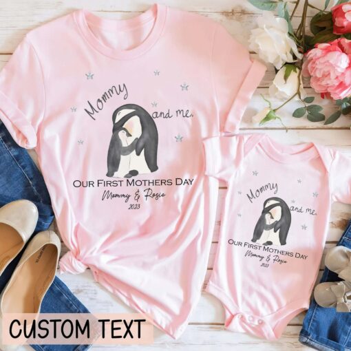 Personalize Our First Mother’s Day Shirt Matching Penguin Mommy And Me Tee Custom Text