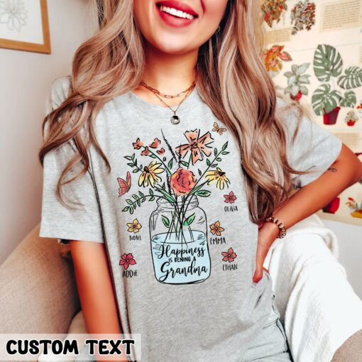 Personalized Happiness is Being a Grandma with Grandkids Names Flower Shirt Mother’s Day Gift for Grandma