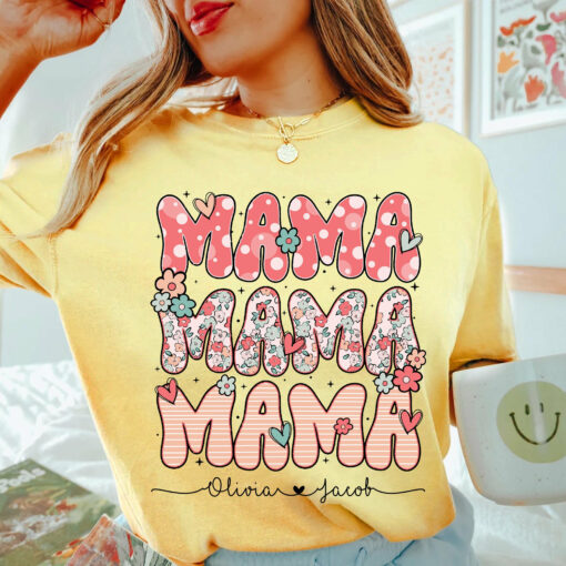 Personalized Mama with Kids Names Shirt Custom Mother’s Day Gift Floral Mama Tee