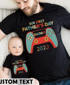Personalized Our First Father’s Day Gift For Gamer Dad and Baby Matching Outfits New Dad Tee Personalized Our First Father’s Day Gift For Gamer Dad and Baby Matching Outfits New Dad Tee
