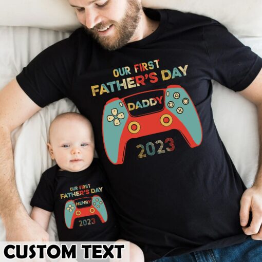 Personalized Our First Father’s Day Gift For Gamer Dad and Baby Matching Outfits New Dad Tee