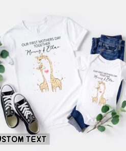 Personalized Our First Mother’s Day Matching Giraffes Mommy and Baby’s Name Outfits Gift for Mama