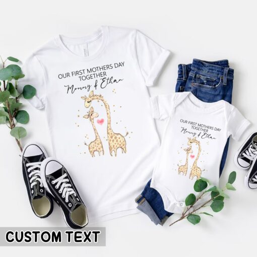 Personalized Our First Mother’s Day Matching Giraffes Mommy and Baby’s Name Outfits Gift for Mama