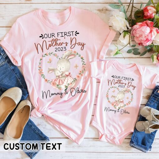 Personalized Our First Mother’s Day Shirt Matching Bunny Mommy And Me Set Gift For New Mom Life Tee