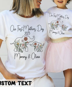 Personalized Our First Mother’s Day Shirts Flowers Elephant Mommy and Me Outfits Gift for New Mom Life