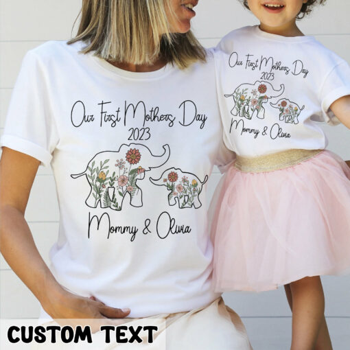 Personalized Our First Mother’s Day Shirts Flowers Elephant Mommy and Me Outfits Gift for New Mom Life