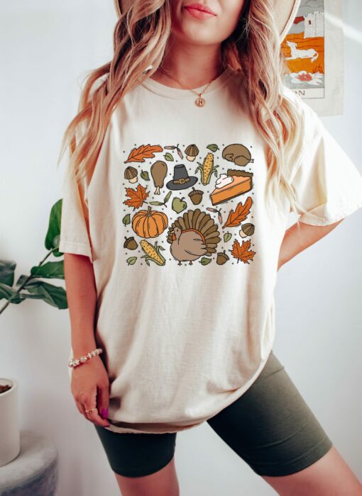 Thanksgiving Doodles Pumpkin Leaves Happy Turkey Day Funny Fall Season Tee