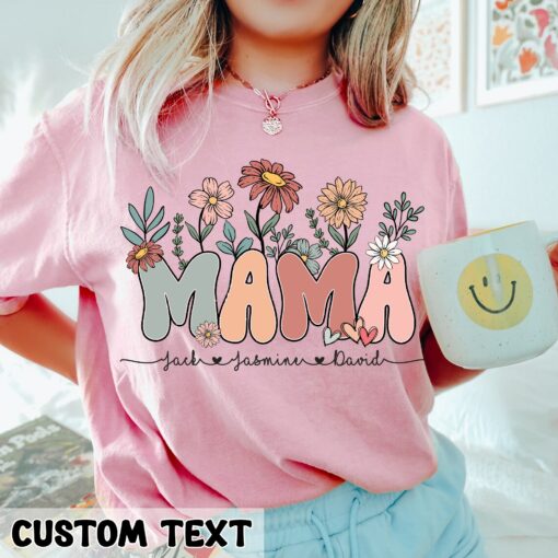 Wildflowers Mama With Kids Names Shirt Personalized Mother’s Day Retro Floral Mama Gift