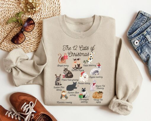 12 Cats Lover Of Christmas Crewneck Sweatshirt Cozy Xmas Gift