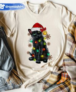 Black Cat Christmas Lights T-Shirt