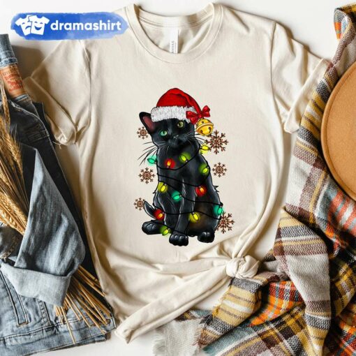 Black Cat Christmas Lights T-Shirt