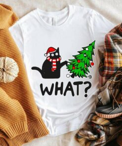 Black Cat Pushing Tree Christmas T-Shirt