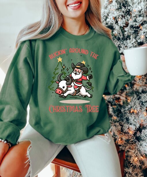 Buckin’ Around the Christmas Tree Rodeo Cowboy Santa Claus Sweatshirt Lovely Unique Xmas Gift