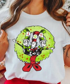 Cat In The Hat Wreath Joy Christmas T-Shirt