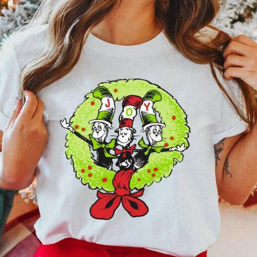 Cat In The Hat Wreath Joy Christmas T-Shirt