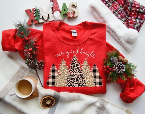 Christmas Bling Merry and Bright Many Pine Tree Sweatshirt Lovely Unique Xmas Gift