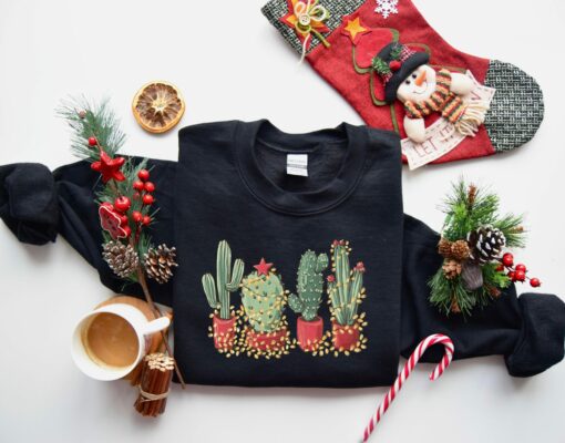 Christmas Cactus Cowboy Sweatshirt Lovely Unique Xmas Gift For Plant Lover