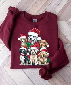 Christmas Cute Dogs Red Santa Hat Sweatshirt Lovely Unique Xmas Gift