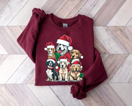 Christmas Cute Dogs Red Santa Hat Sweatshirt Lovely Unique Xmas Gift