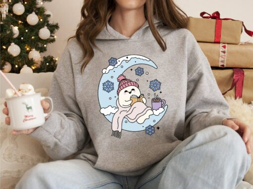 Christmas Cute Winter Snowman Read Book With Moon Sweatshirt Lovely Unique Xmas Gift