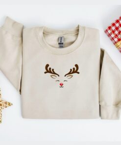Christmas Embroidered Cute Reindeer Face Sweatshirt Lovely Unique Xmas Gift
