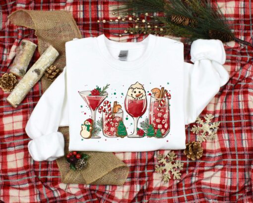 Christmas Holiday Cocktails Wine Snowman Sweatshirt Cozy Unique Xmas Gift