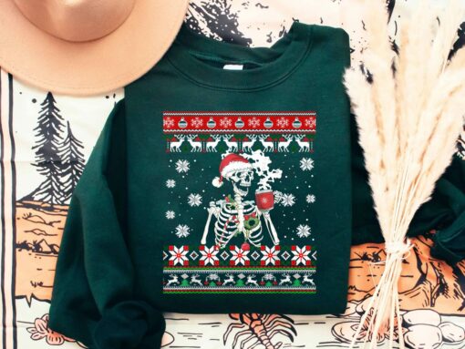 Christmas Ugly Skeleton Drink Coffee Sweatshirt Cool Unique Xmas Gift