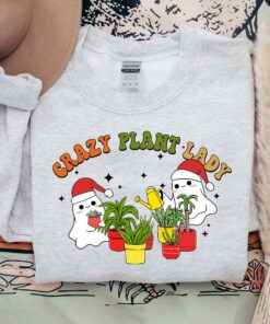 Crazy Plant Lady Cute Ghost With Santa Hat Sweatshirt Lovely Unique Xmas Gift