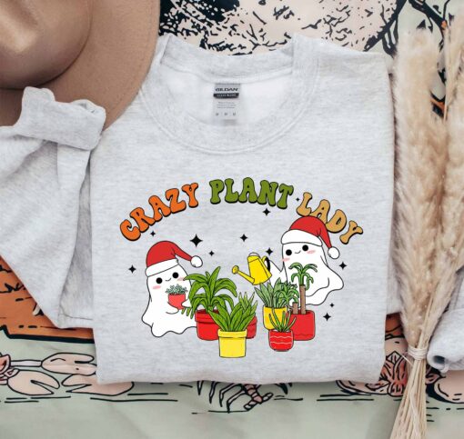 Crazy Plant Lady Cute Ghost With Santa Hat Sweatshirt Lovely Unique Xmas Gift