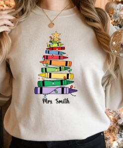 Custom Teacher Crayon Christmas Tree Sweatshirt Unique Xmas Gift