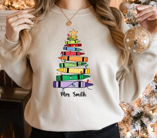 Custom Teacher Crayon Christmas Tree Sweatshirt Unique Xmas Gift