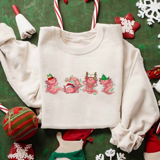 Cute Axolotl With Christmas Lights Santa Hat Sweatshirt Lovely Unique Xmas Gift