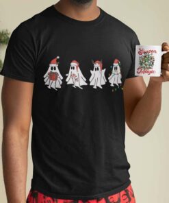 Cute Boo Ghost Costume Santa Reindeer Light With Candy Christmas Black Tee