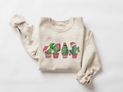 Cute Cactus Santa Christmas Lights Sweatshirt Lovely Unique Xmas Gift