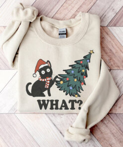 Cute Cat With Tree Christmas Sweatshirt Humor Unique Xmas Gift