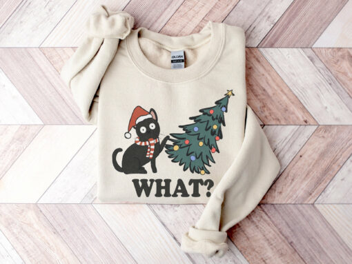 Cute Cat With Tree Christmas Sweatshirt Humor Unique Xmas Gift