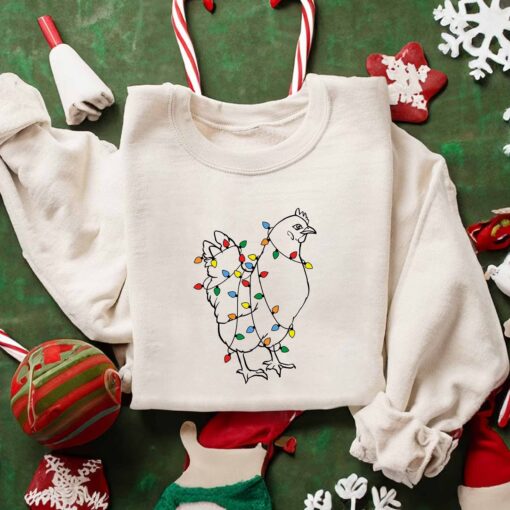 Cute Chicken With Christmas Lights Sweatshirt Lovely Unique Xmas Gift