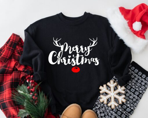 Cute Christmas Reindeer Red Nose Sweatshirt Lovely Unique Xmas Gift