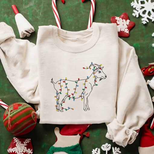 Cute Goat With Christmas Lights Sweatshirt Lovely Unique Xmas Gift